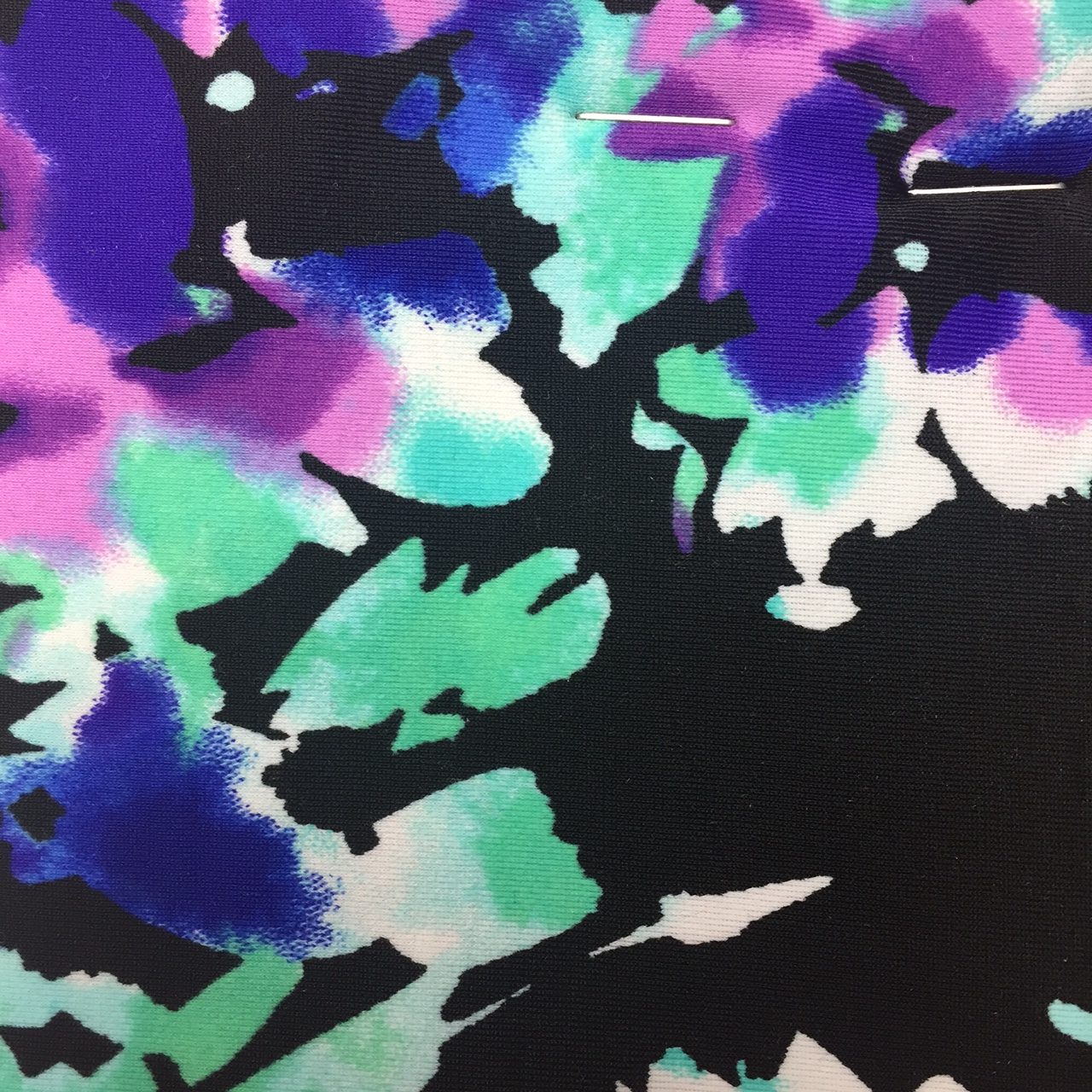 Purple Flowers on Black Spandex #144 - Fabrics In Motion